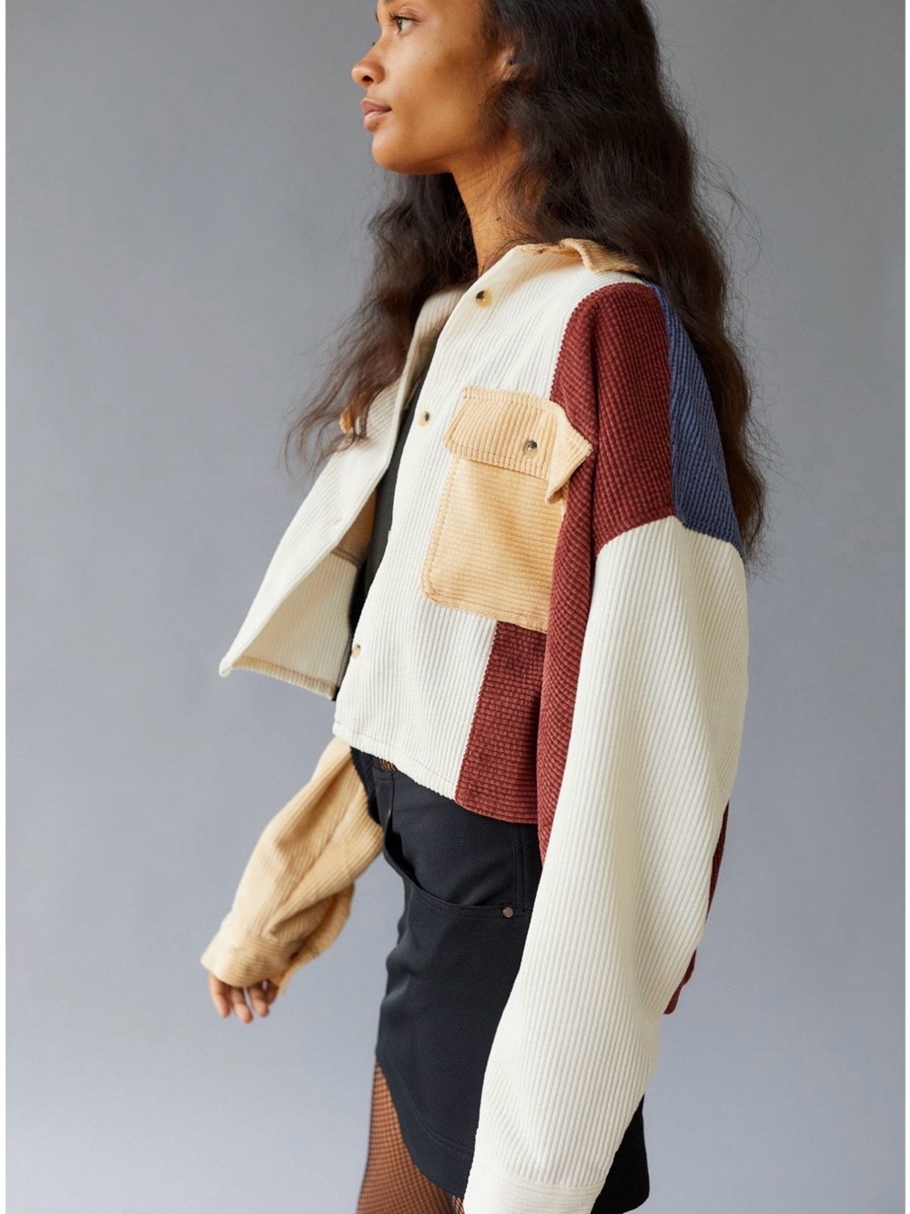 BDG Patchwork Corduroy Jacket in Blue, Black, Red, Cream
